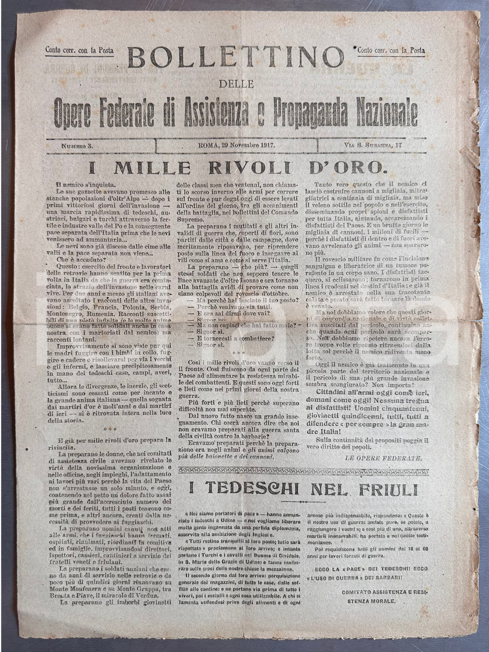 1917 WW1 Opere Federate Assistenza Propaganda Nazionale - Tedeschi nel Friuli Bollettino originale d'epoca, contenente notizie di guerra.DATA: 29 novembre 1917PAGINE: 4 FAIR/discreto piegature d'epoca  originale e autentica 1