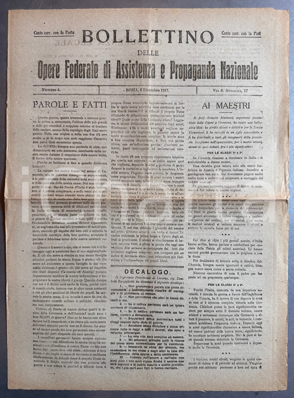 Giornale, rivista storica 1917 WW1 Opere Federate Assistenza Propaganda Nazionale  Fronte di Caporetto 1