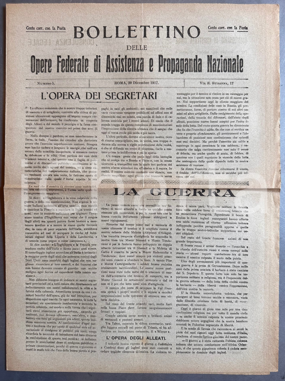 1917 WW1 Opere Federate Assistenza Propaganda Nazionale - Guerra zona di Asiago Bollettino originale d'epoca, contenente notizie di guerra.DATA: 20 dicembre 1917PAGINE: 4 FAIR/discreto piegature d'epoca  originale e autentica 1