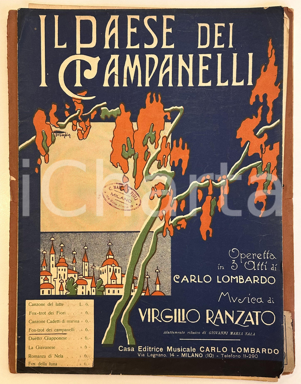 1923 Carlo LOMBARDO Il paese dei campanelli - Fox trot *Spartito LOMBARDO Spartito originale d'epoca, con copertina illustrata da Trombin. PAGINE: 6 facciate POOR/danneggiato strappo lungo la piegatura Formato: 26x34 cm originale e autentica 1