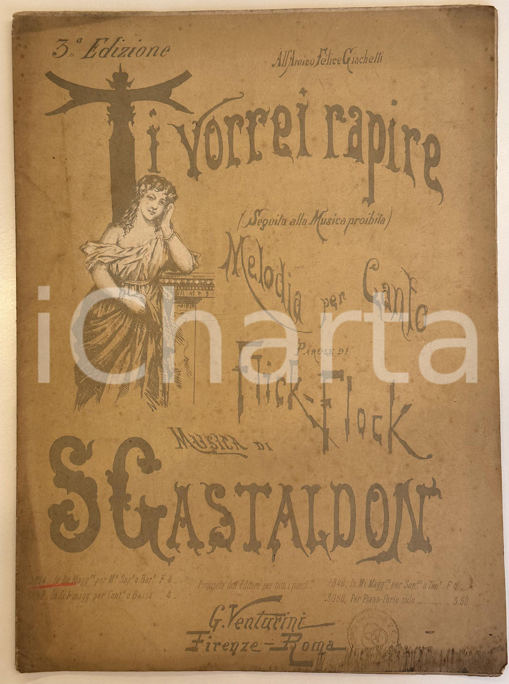 1910 ca FLICK-FLOCK - S. GASTALDON Ti vorrei rapire - Spartito G. VENTURINI Spartito originale d'epoca, con copertina illustrata. PAGINE: 8 POOR/danneggiato macchie marginali; fioriture Formato: 26x34 cm originale e autentica 1