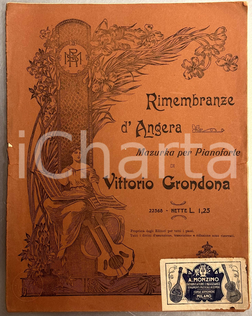 1910 ca Vittorio GRONDONA Rimembranze d'Angera - Mazurka - Spartito A. MONZINO Spartito originale d'epoca, con copertina illustrata. PAGINE: 4 POOR/danneggiato strappi marginali e lungo il dorso Formato: 25x35 cm originale e autentica 1