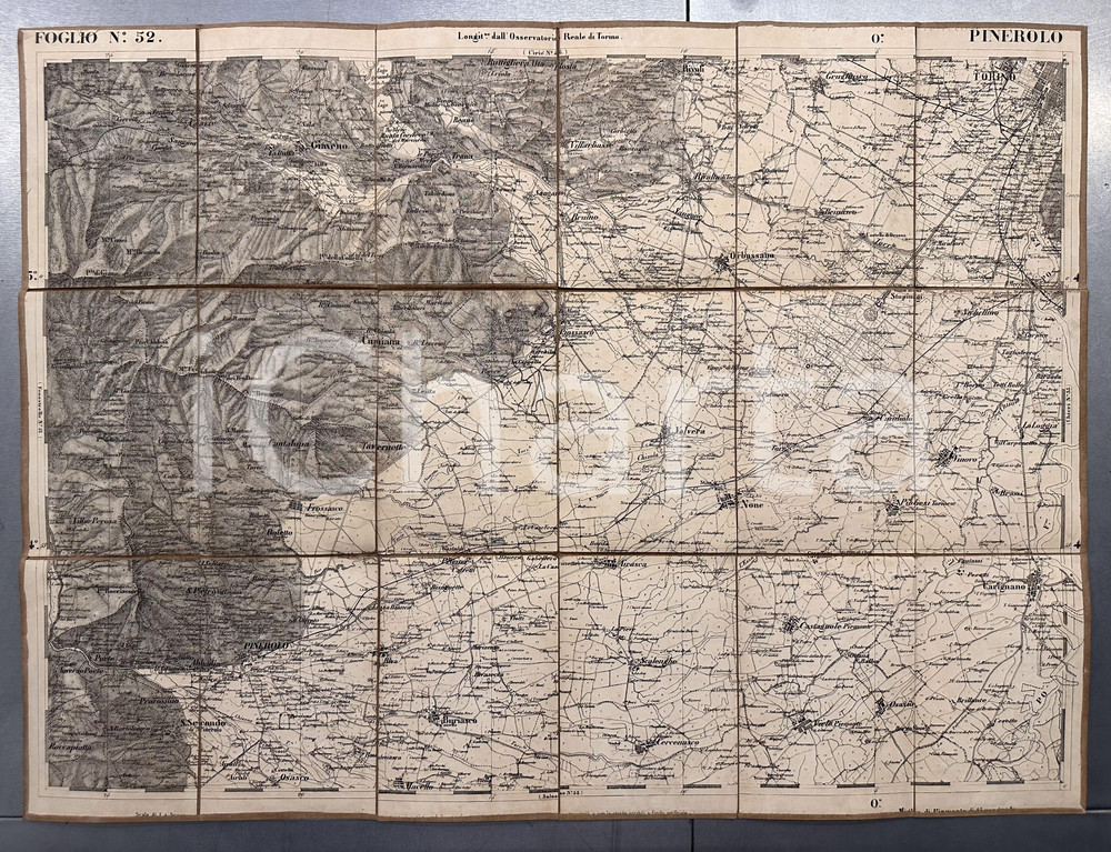 1880 ca Gran Carta EX STATI SARDI - PINEROLO - Foglio 52 *Mappa su tela Mappa d'epoca, montata su tela, in vendita all'epoca presso Carlo Crespi in via Lagrange 2 (Torino).CONDIZIONI: G GOOD/buono  Formato: 73x54 cm  originale e autentica 1