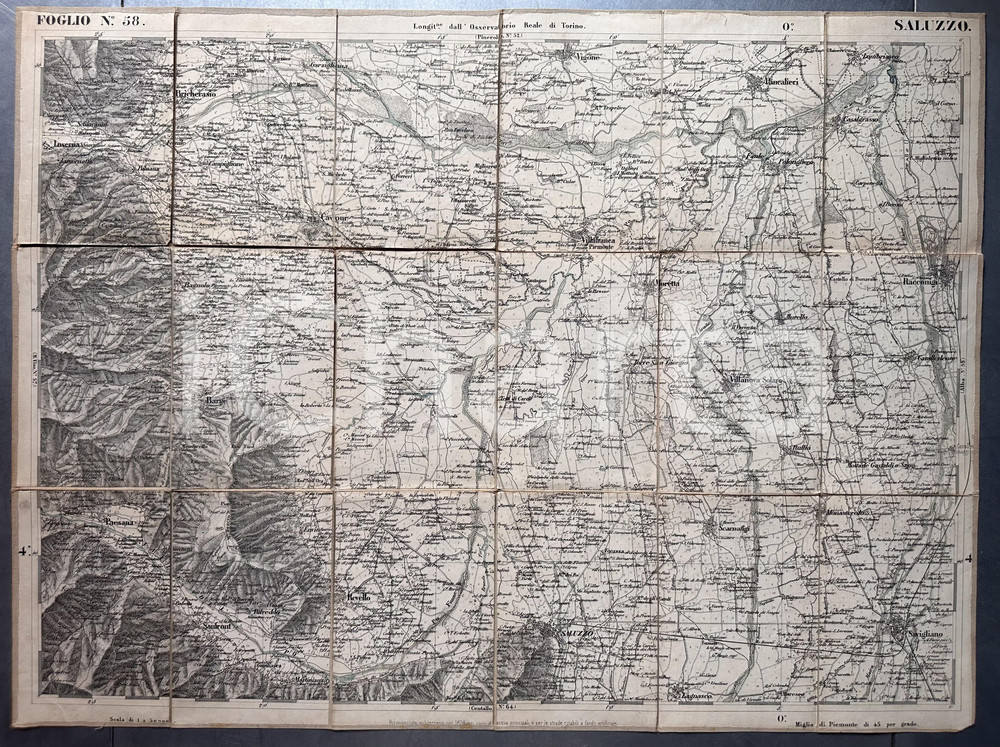 1880 ca Gran Carta EX STATI SARDI - SALUZZO - Foglio 58 *Mappa su tela Mappa d'epoca, montata su tela, in vendita all'epoca presso Carlo Crespi in via Lagrange 2 (Torino).CONDIZIONI: G GOOD/buono  Formato: 73x54 cm  originale e autentica 1