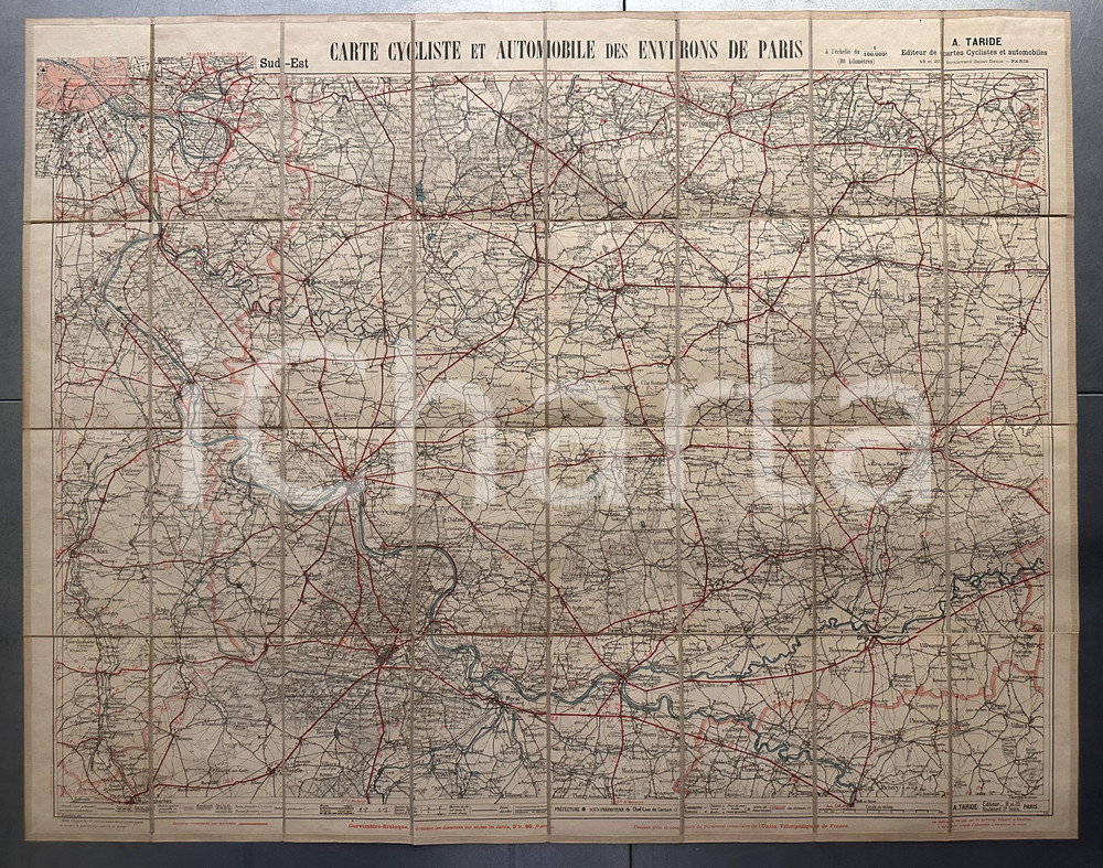 1904 Carte TARIDE Environs de PARIS - Carte cycliste automobile - Mappa su tela Mappa d'epoca, montata su tela.CONDIZIONI: GFORMATO: 85x70 cm GOOD/buono  Formato: 85x70 cm originale e autentica 1