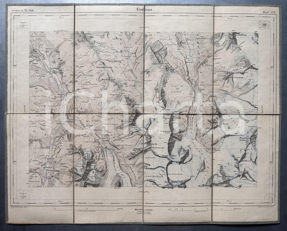 Mappa, planimetria storica 1878 SUISSE  EVOLLENA  Mappa H. SIEGFRIED su tela 43x34 cm 1