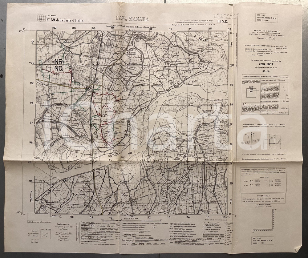 Mappa, planimetria storica 1935 ca Istituto Geografico Militare CARTA D ITALIA  CAVA MANARA Mappa 60x50 1