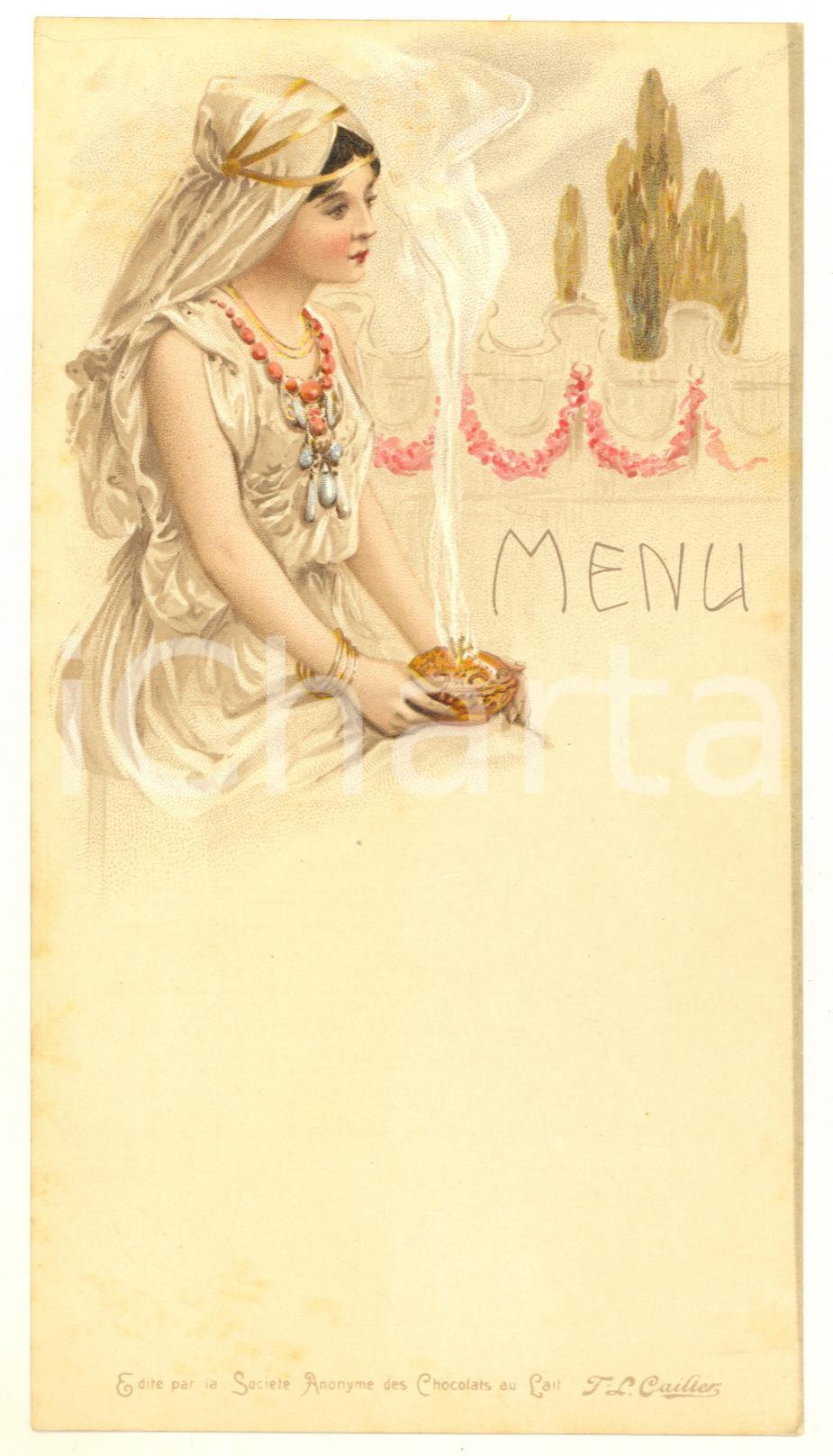 1920 ca FRANCE Chocolats au Lait F. L. CAILLIER - ILLUSTRATED menu Arab woman Men&ugrave; originale d'epoca, non compilato. GOOD/buono  Formato: 11x20 cm originale e autentica 1