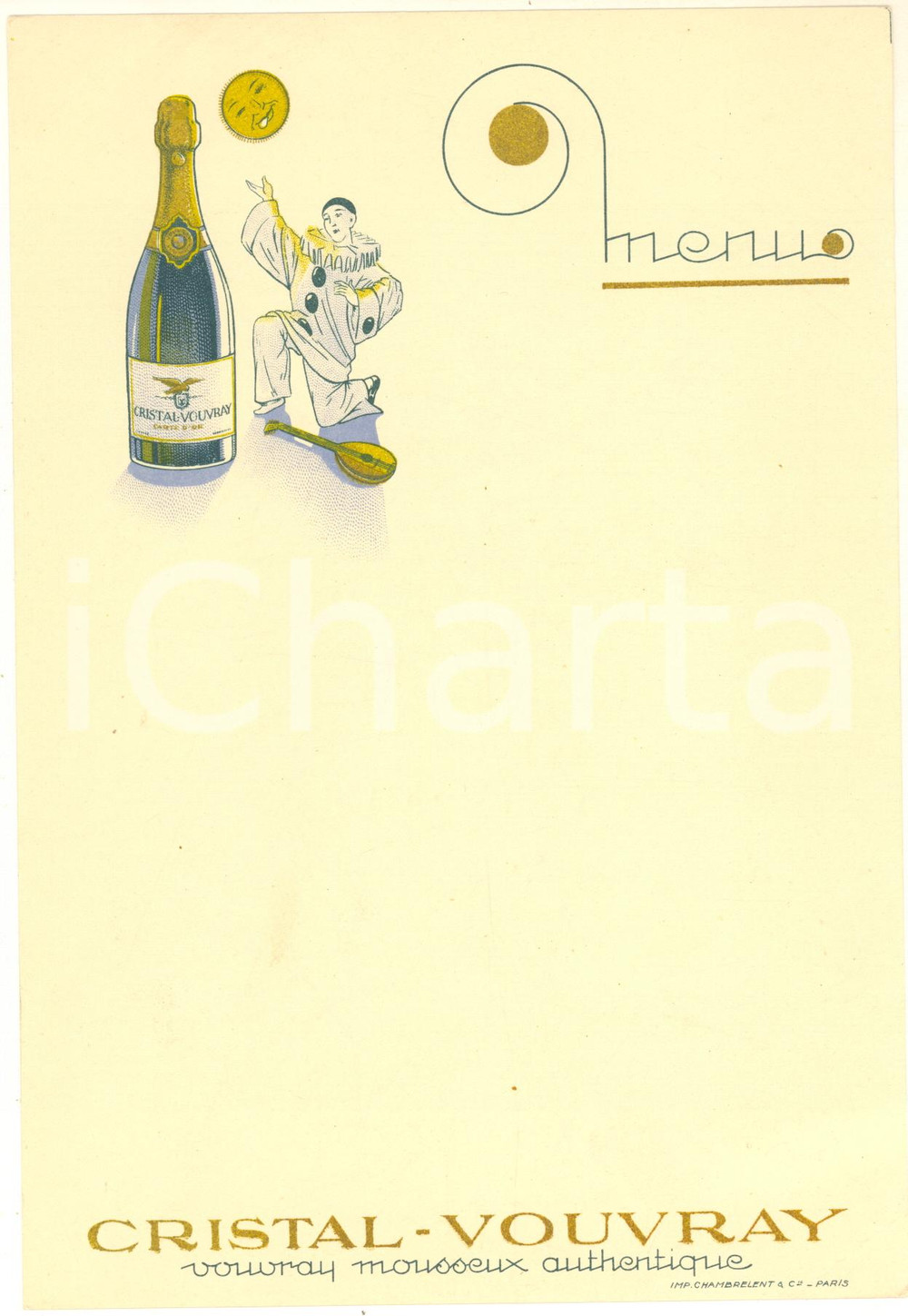 1910 ca FRANCE Vins CRISTAL-VOUVRAY Mousseux - Menu - Ill. Pierrot Men&ugrave; originale d'epoca, non compilato. FAIR/discreto lievi piegature angolari Formato: 16x22 cm originale e autentica 1