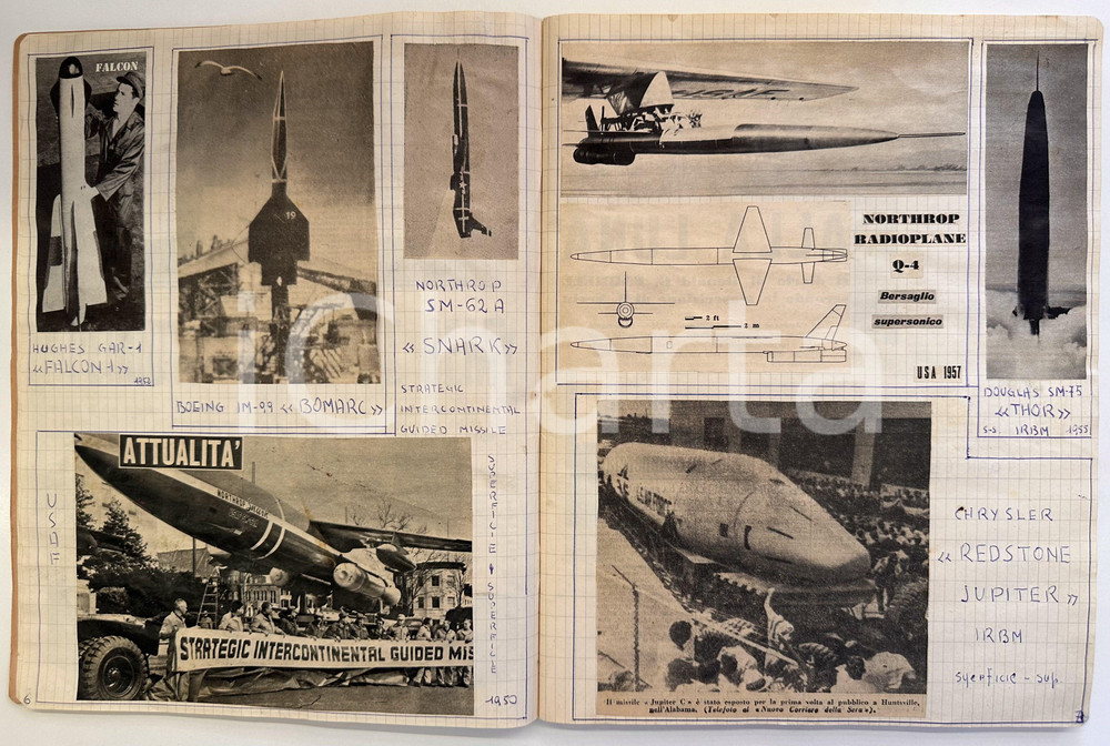 1960 ca Missili US AIR FORCE - Quaderno scolastico rassegna stampa *CURIOSO Quaderno originale d'epoca, realizzato da uno studente seguendo il tema "Missili degli Stati Uniti d'America" (anni 1950-1959).Il quaderno contiene un'originale rassegna stampa con ritagli di giornale e didascalie manoscritte.PAGINE: circa 100 (30 compilate) GOOD/buono tracce d'uso Formato: 22x28 cm originale e autentica 1
