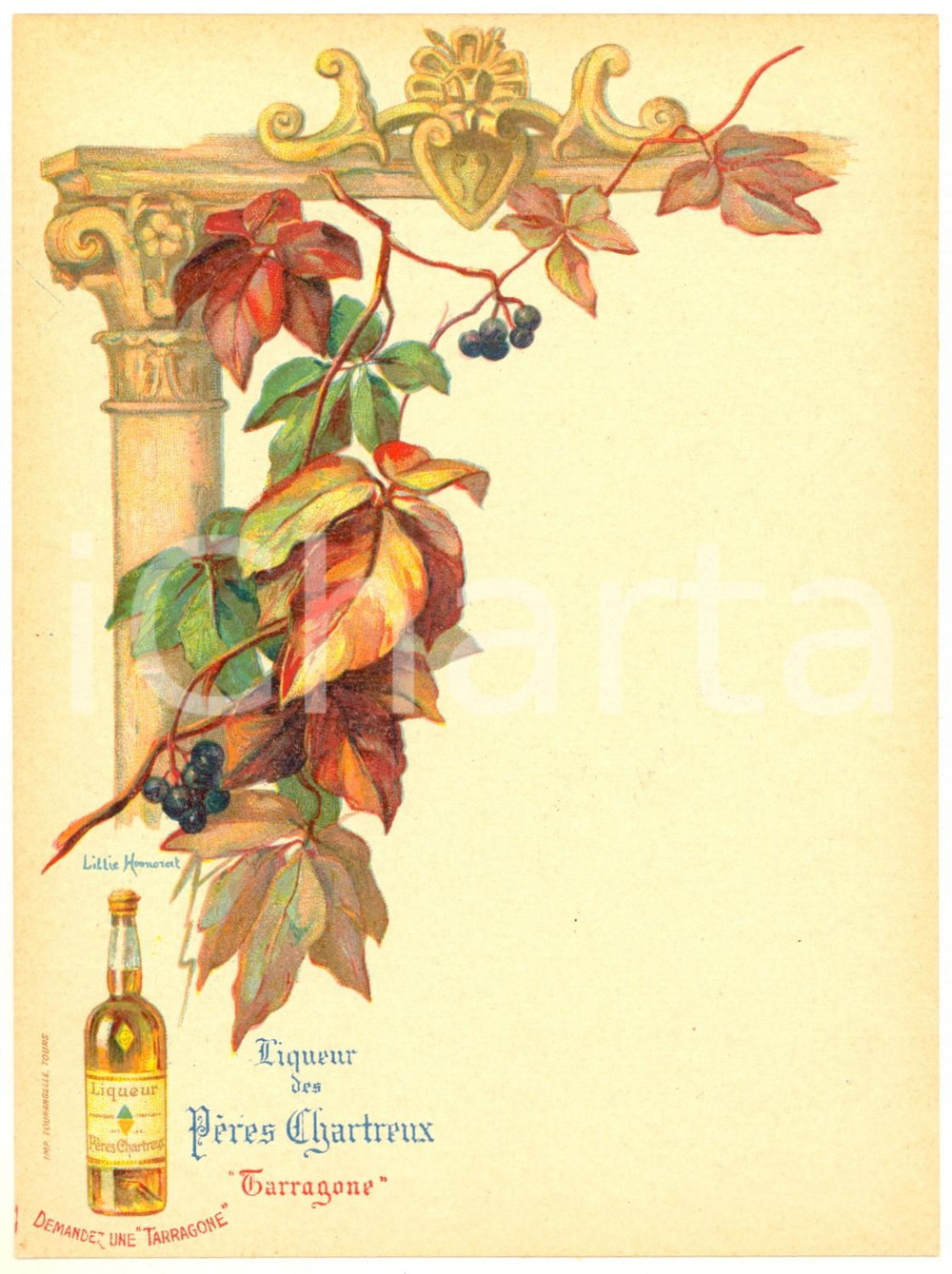 1910 ca FRANCE Liqueur PERES CHARTREUX Tarragone - Menu ill. Lillie HONNORAT Men&ugrave; originale d'epoca, non compilato. GOOD/buono  Formato: 14x19 cm originale e autentica 1