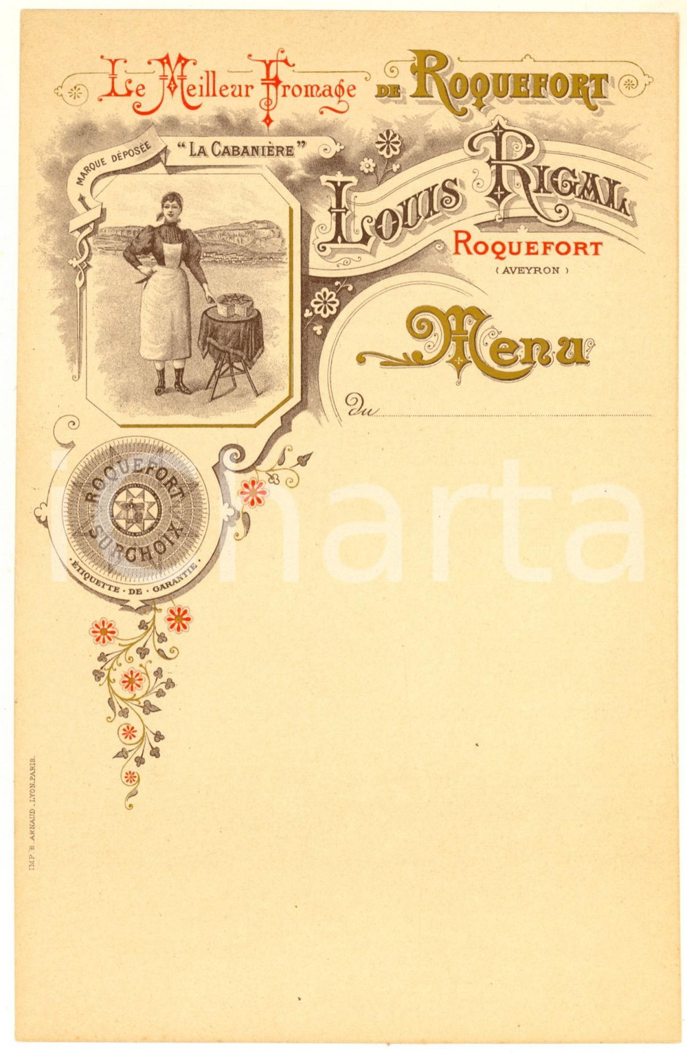 1910 ca ROQUEFORT (FRANCE) - Fromage ROQUEFORT Louis RIGAL - Menu illustrÃ© Men&ugrave; originale d'epoca, non compilato. GOOD/buono  Formato: 15x23 cm originale e autentica 1