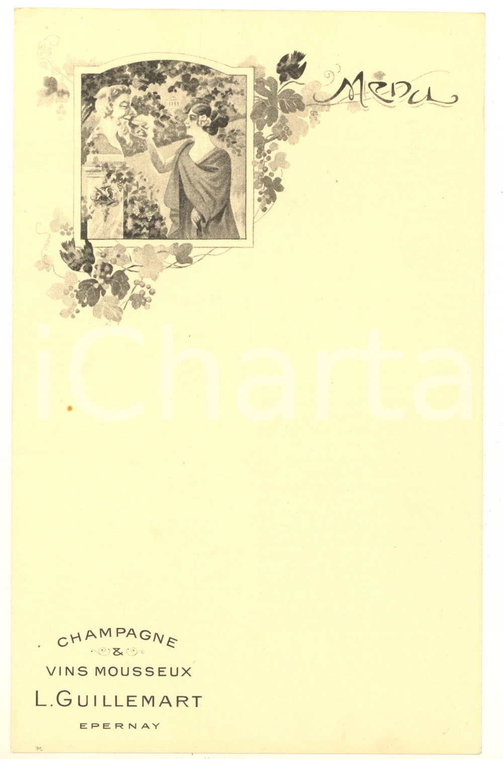 1915 ca EPERNAY (FRANCE) Champagne & Vins L. GUILLEMART - Menu illustre' Men&ugrave; originale d'epoca, non compilato. GOOD/buono  Formato: 13x21 cm originale e autentica 1