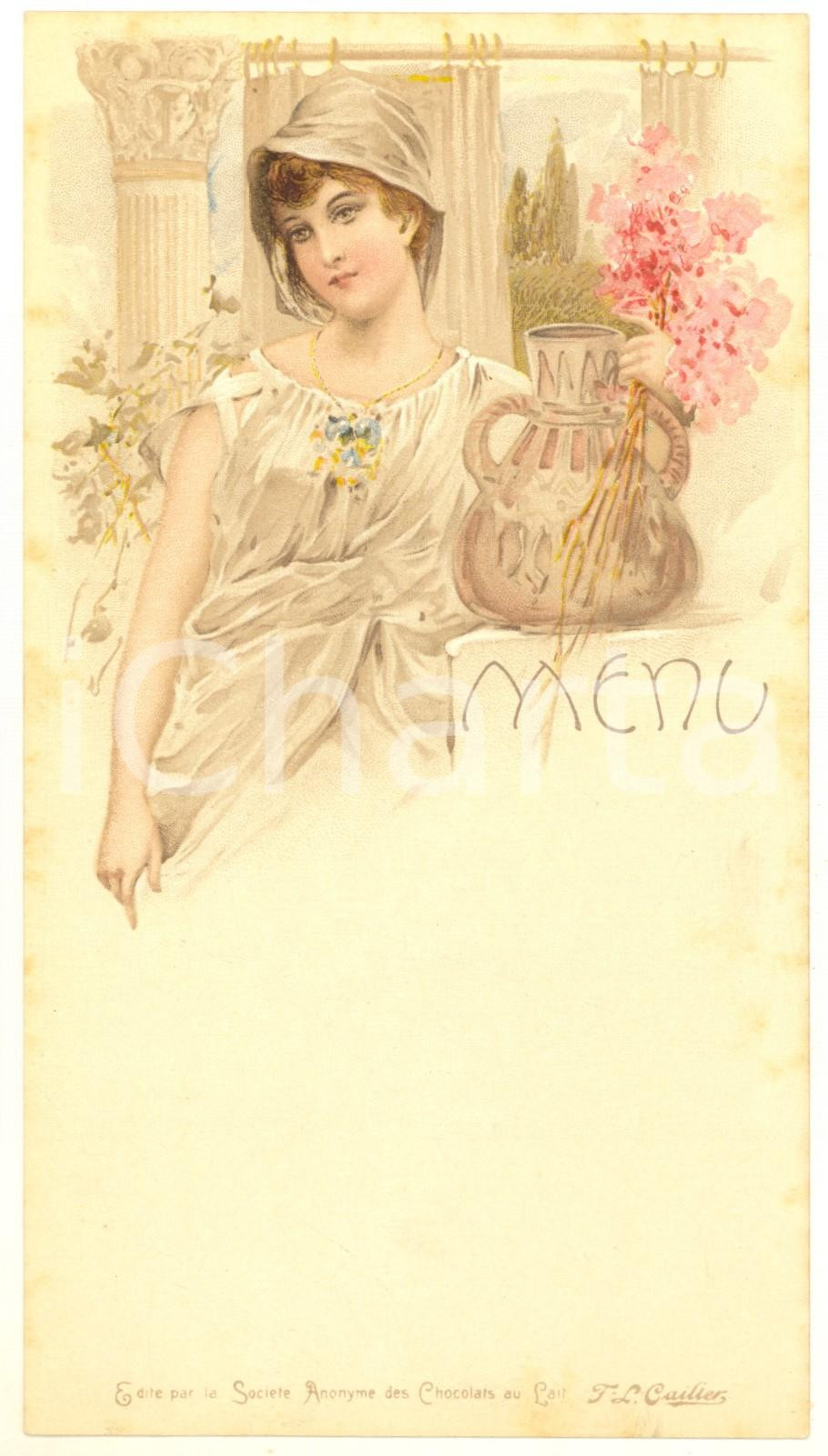 1920 ca FRANCE Chocolats au Lait F. L. CAILLIER - ILLUSTRATED menu Greek woman Men&ugrave; originale d'epoca, non compilato. FAIR/discreto fioriture al verso Formato: 11x20 cm originale e autentica 1
