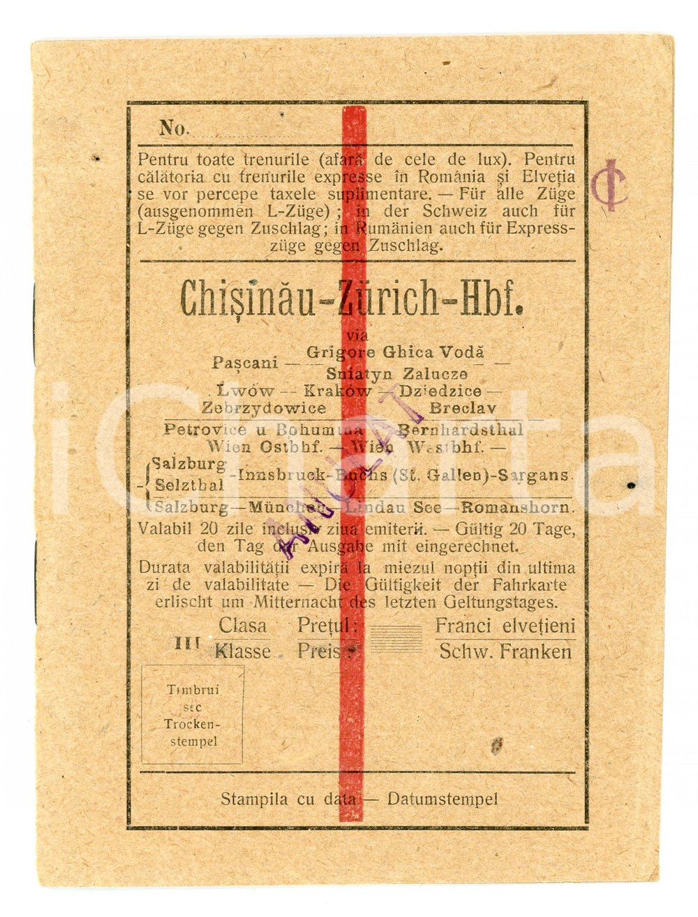 1910 ca FERROVIE ROMANIA /SVIZZERA Libretto viaggi tratta CHISINAU-ZURICH Libretto originale d'epoca, carnet di abbonamento per la tratta Chisinau-Zurich.PAGINE: 8 couponAVVERTENZAPer le sue caratteristiche di pregio e rarit&agrave;, l'oggetto &egrave; stato selezionato per la collezione privata di ICharta.  FAIR/discreto piegature marginali; foro che interessa tutto il fascicolo Formato: 11x15 cm originale e autentica 1