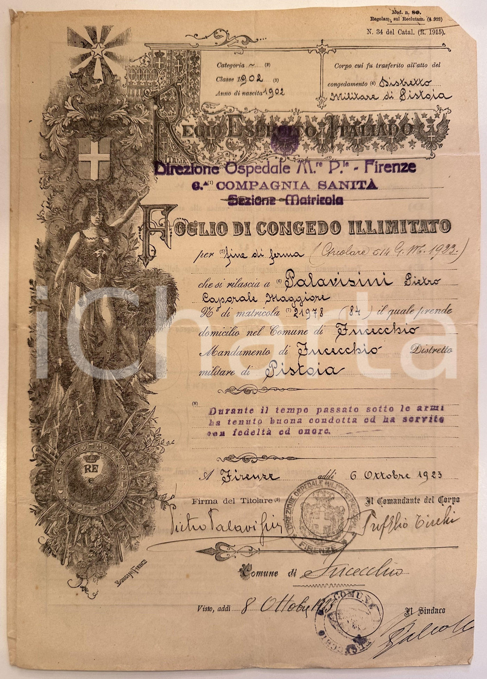 1923 FUCECCHIO (FI) Foglio di congedo illimitato Pietro PALAVISINI Documento originale d'epoca.PAGINE: 4 POOR/danneggiato piegature d'epoca; mancanze angolari Formato: 22x31 cm originale e autentica 1