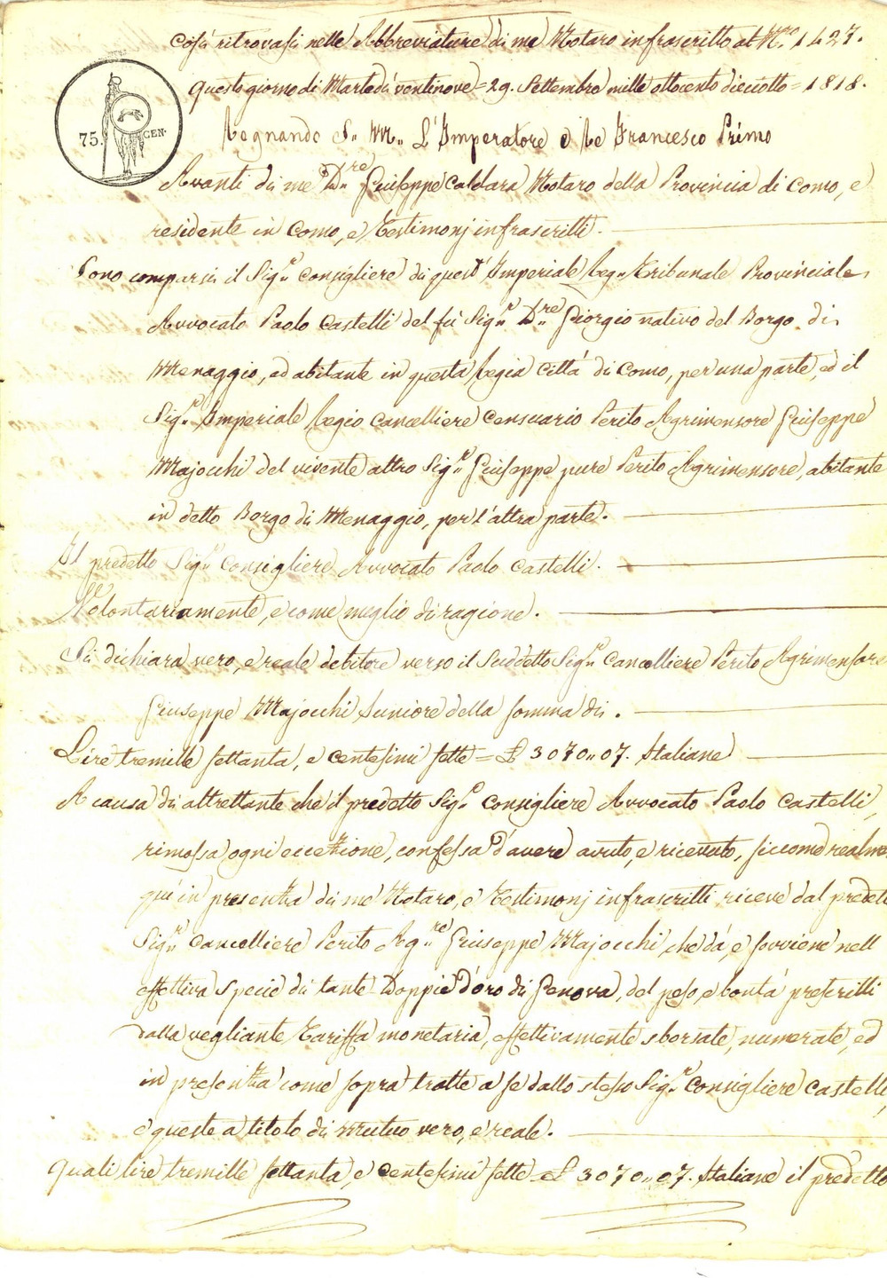 1818 MENAGGIO Obbligazione per mutuo Paolo CASTELLI pro perito Giuseppe MAIOCCHI   Atto notarile d'epoca, manoscritto, con copertina in carta.Rogato dal notaio Giuseppe Caldara di Como, con tabellionato a croce. CONDIZIONI: FAIR (piegature d'epoca)PAGINE: 4 + coperta in carta    originale e autentica 1