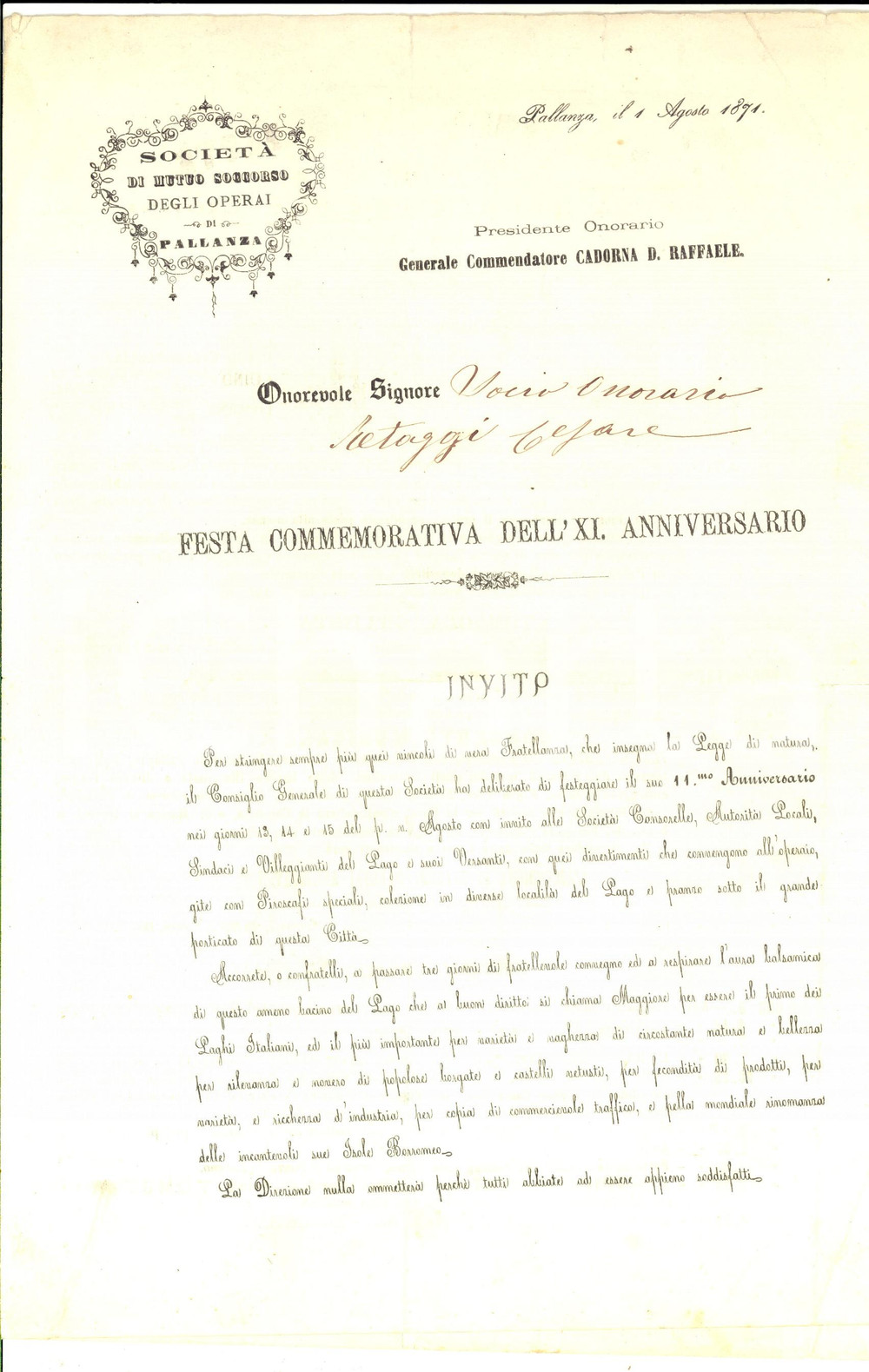 1871 VERBANIA PALLANZA Programma festa Società Mutuo Soccorso degli operai