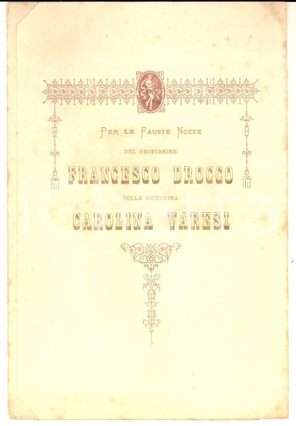 1890 LODI Nozze prof. Francesco DROCCO - Carolina VARESI *Sonetto dedicatorio