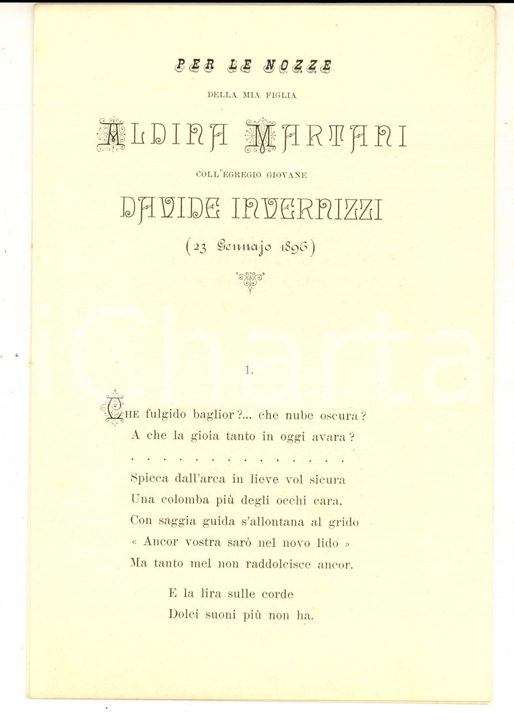 1896 LODI Nozze Aldina INVERNIZZI - Davide INVERNIZZI - Poemetto dedicatorio