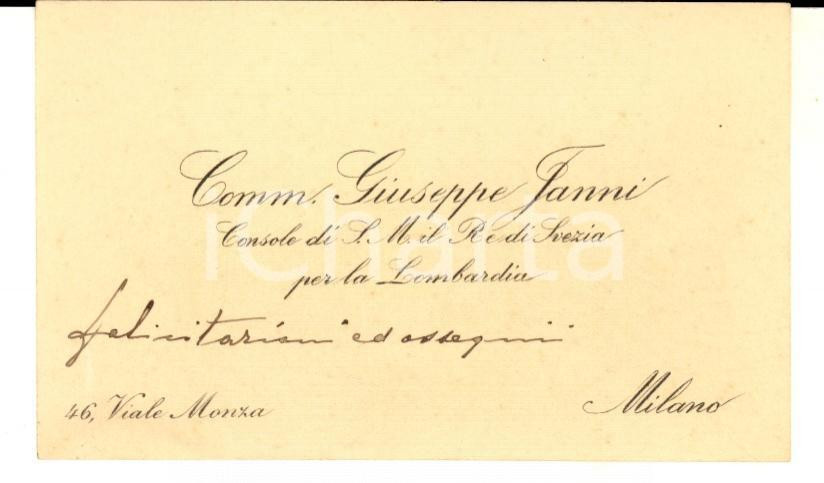 1900 ca MILANO Giuseppe JANNI Console del Re di Svezia - Biglietto autografo
