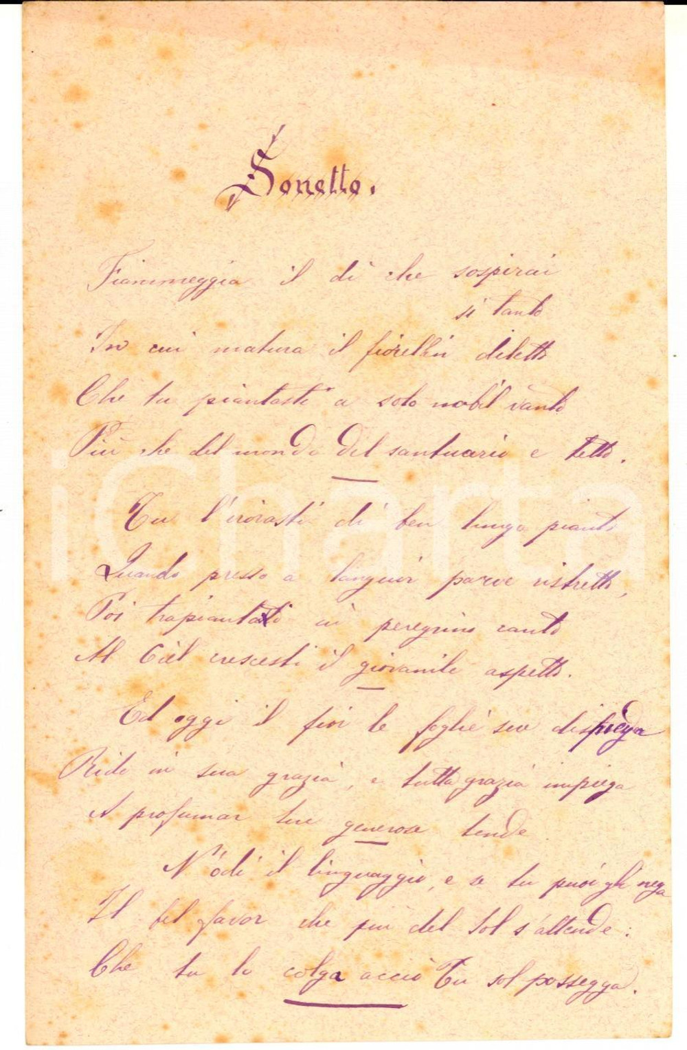 1890 ca AREA LOMBARDA - ANONIMO Fiammeggia il dì che sospirai sì tanto - Sonetto