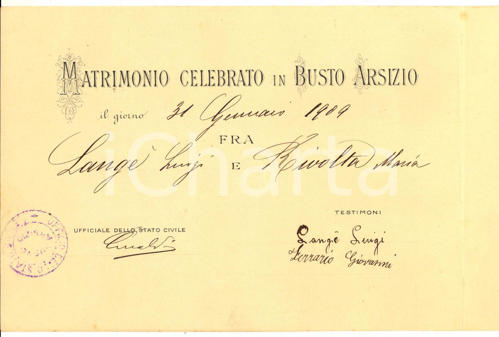 1909 BUSTO ARSIZIO Nozze Luigi LANGE' - Maria RIVOLTA - Partecipazione ricordo