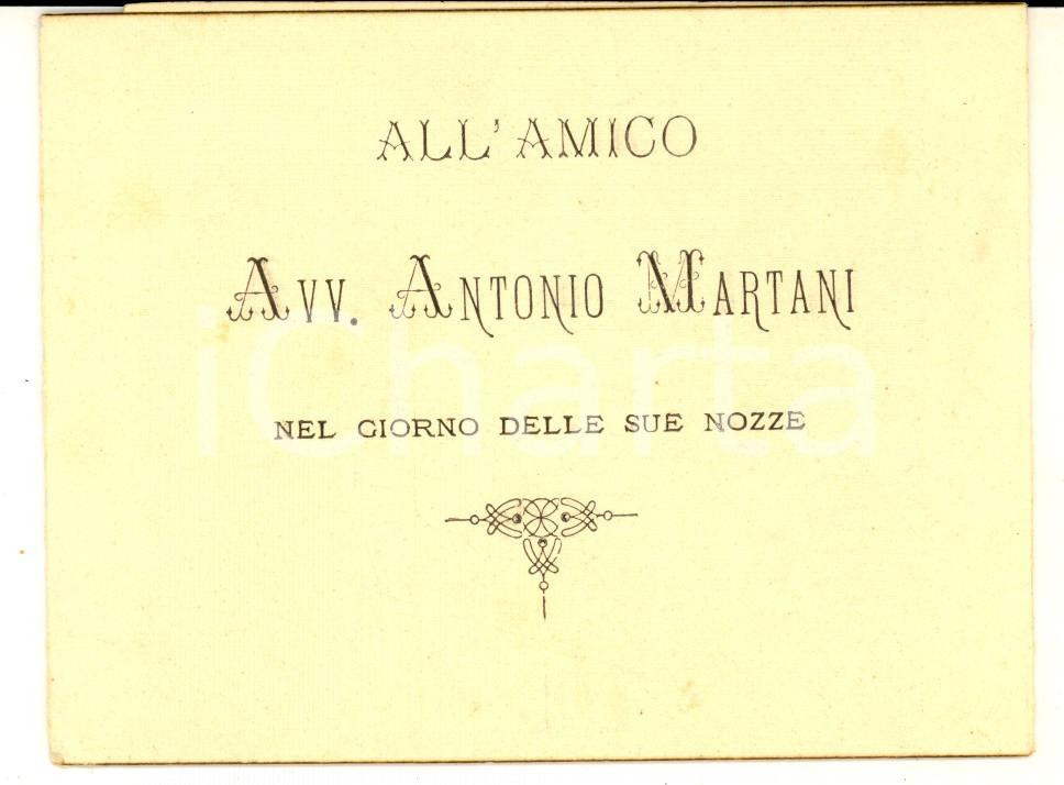 1894 ALCAMO A. NEGOZI Domus - Sonetto per le nozze dell'avv. Antonio MARTANI Sonetto a stampa, su biglietto pieghevole realizzato in forma di busta, dedicato all'avvocato di Lodi Antonio Martani.CONDIZIONI: GFORMATO: 12x9 cm (chiuso)     originale e autentica 1