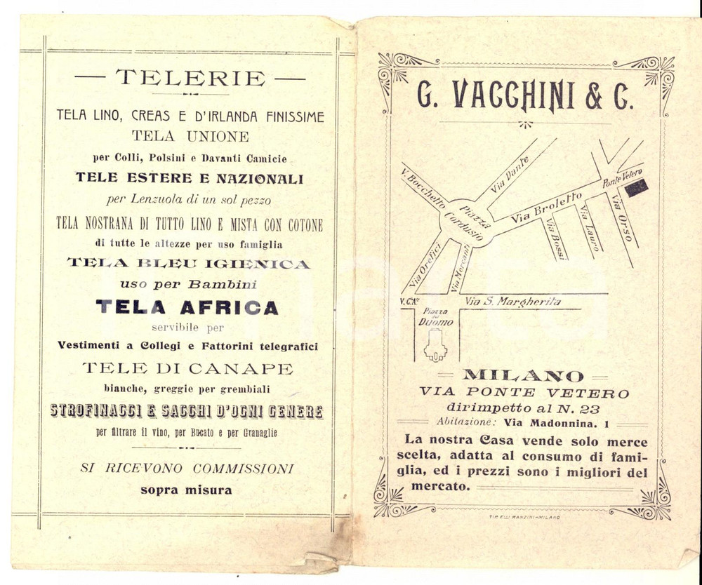 1890 ca MILANO Ditta G. VACCHINI - Biancherie e pelletterie - Pieghevole