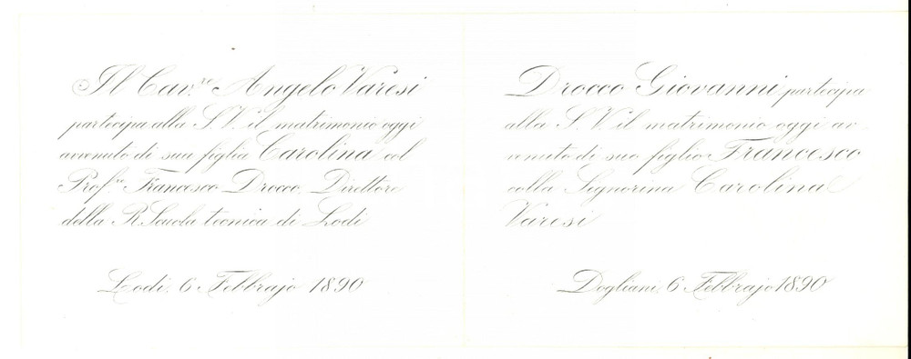 1890 LODI Nozze prof. Francesco DROCCO - Carolina VARESI - Partecipazione