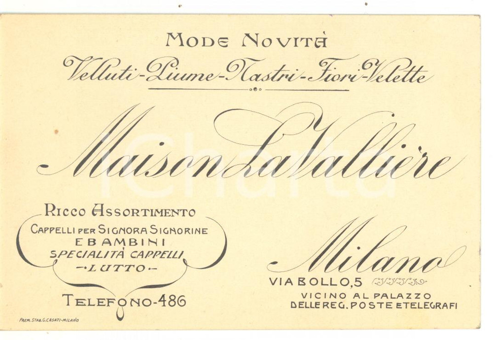 1910 ca MILANO Maison LA VALLIERE Cappelli per signora *Cartoncino PUBBLICITARIO