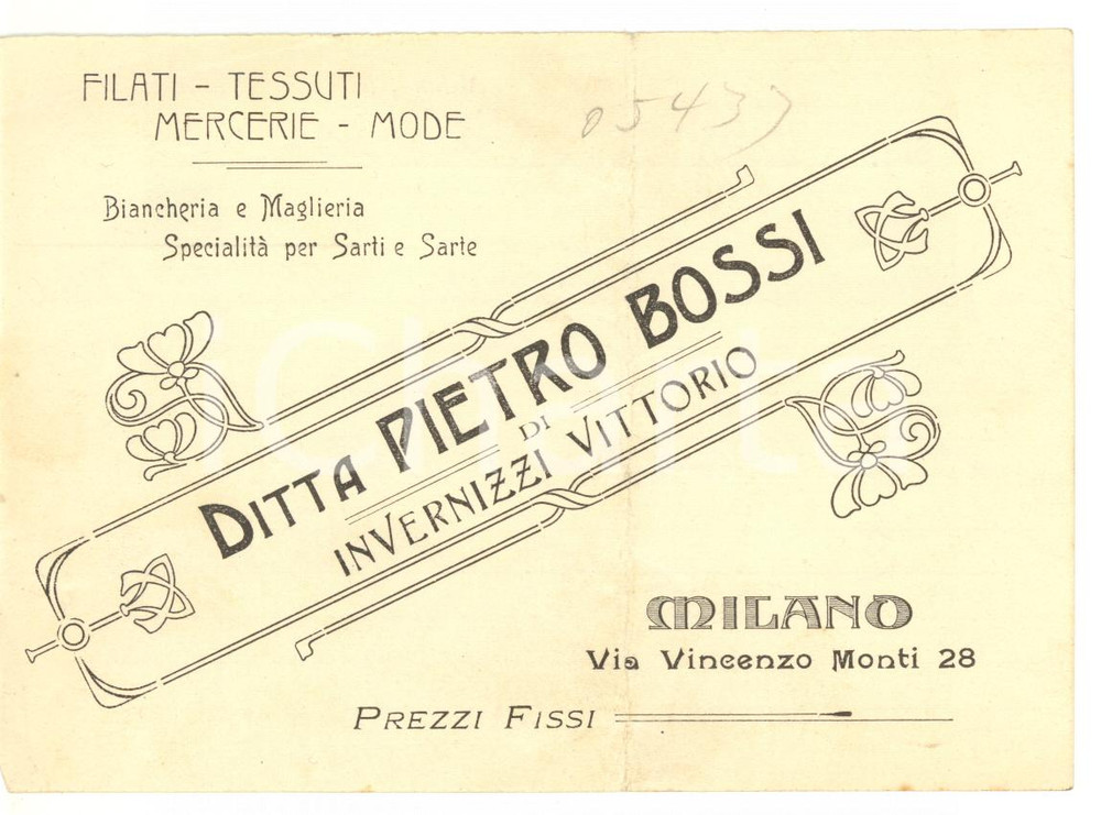 1910 ca MILANO Ditta Pietro BOSSI - Maglieria - Biglietto pubblicitario 14x10