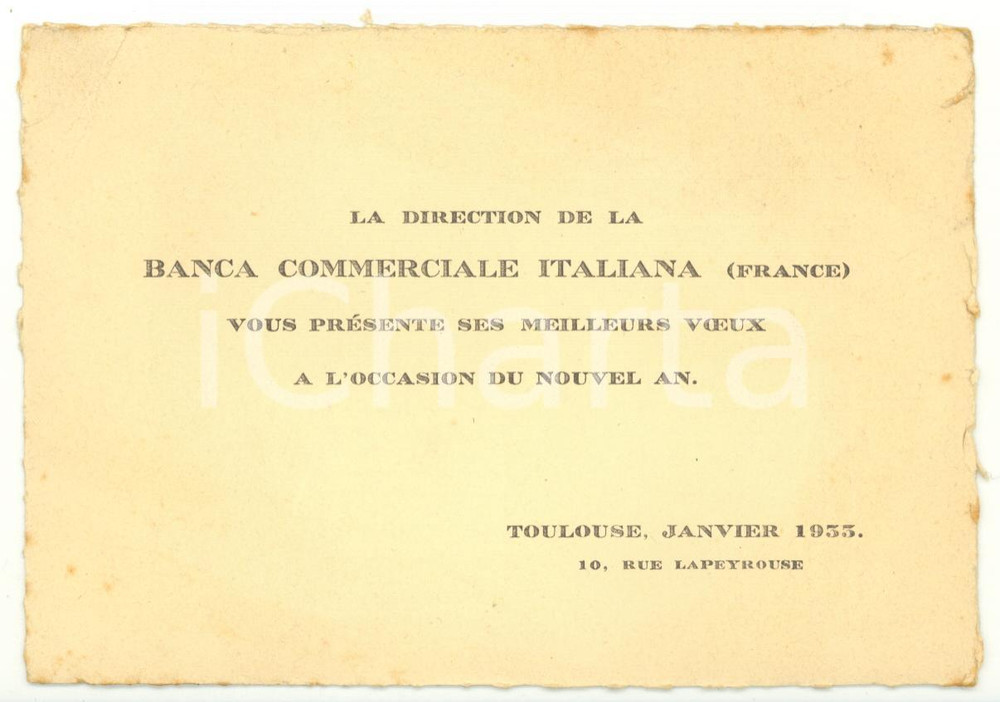 1933 TOULOUSE (F) Banca Commerciale Italiana - Biglietto augurale NATALE