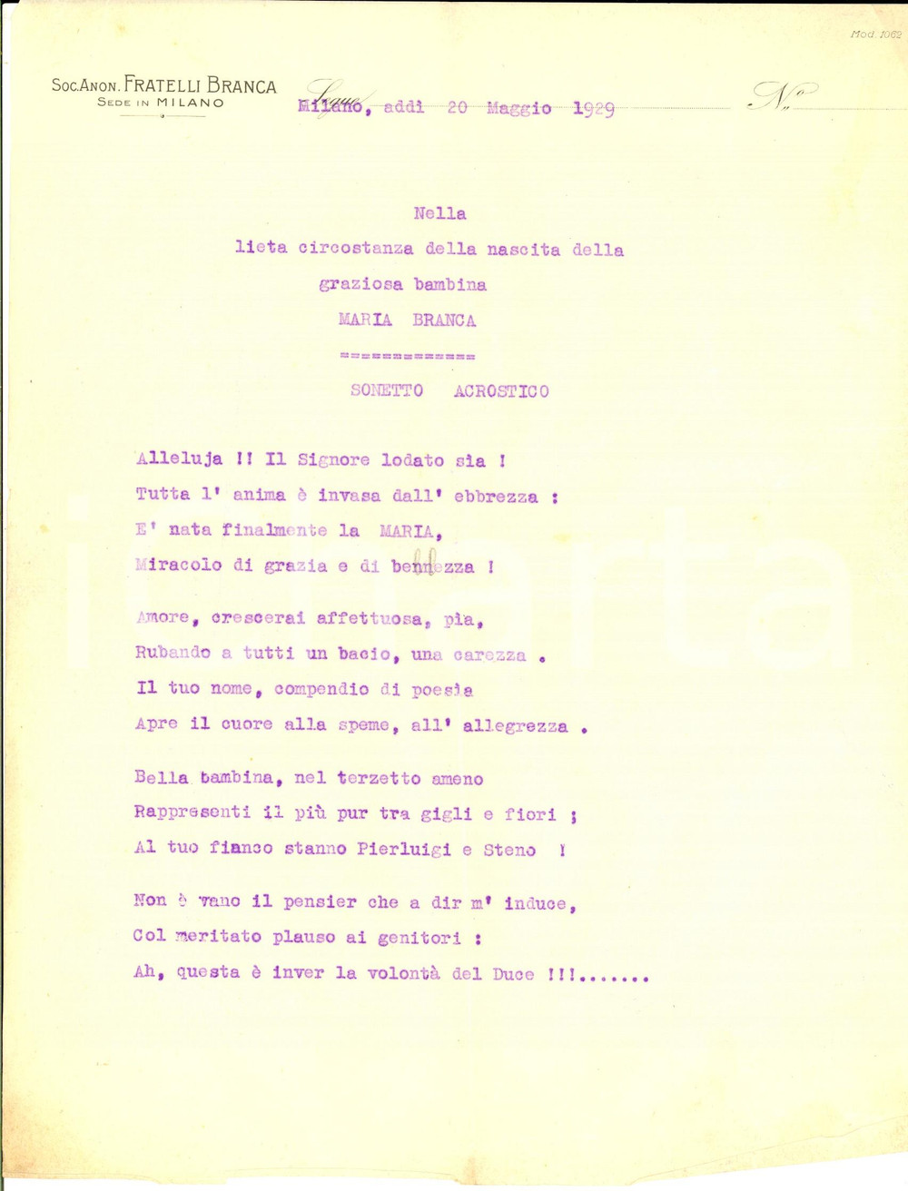 1929 MILANO Fratelli BRANCA - Sonetto acrostico per la nascita di Maria BRANCA Sonetto dattiloscritto, su carta intestata, redatto con ogni probabilit&agrave; all'interno della famiglia Branca.CONDIZIONI: FAIR (piegature d'epoca)      originale e autentica 1