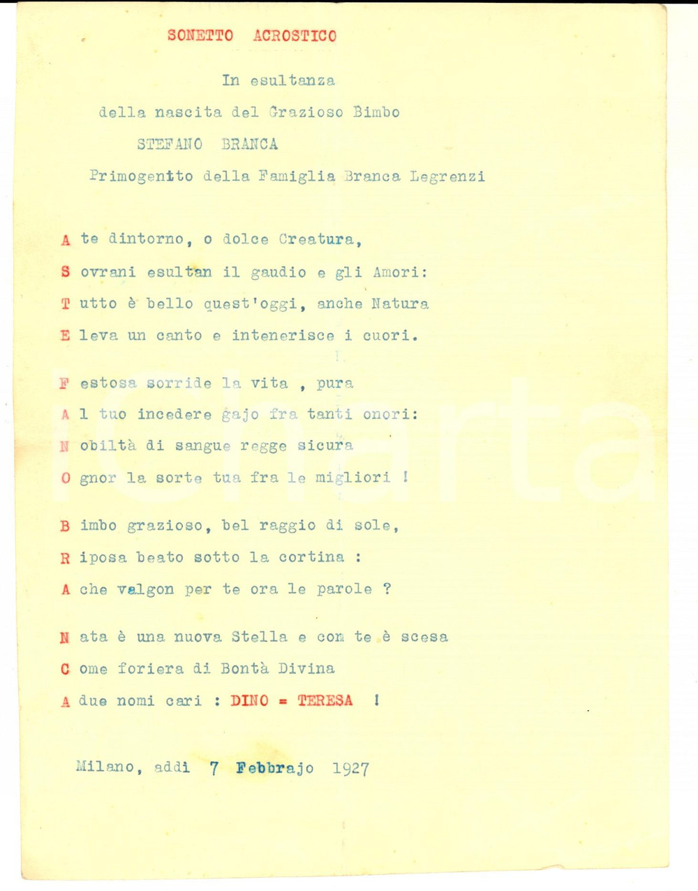 1927 MILANO Fratelli BRANCA - Sonetto acrostico per nascita di Stefano BRANCA 