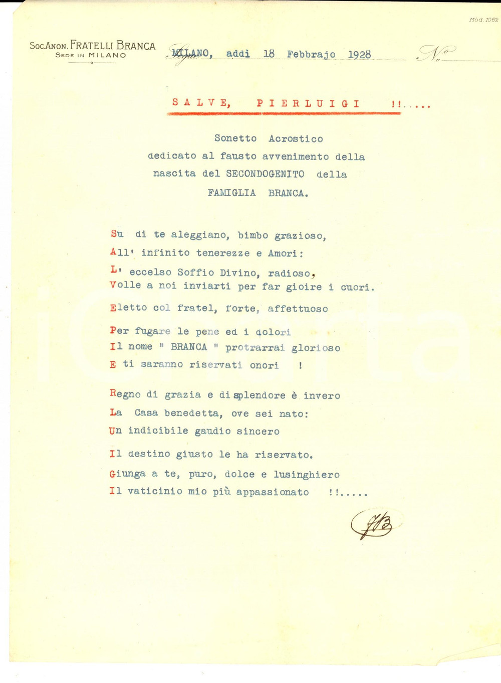 1928 MILANO Fratelli BRANCA - Sonetto acrostico per nascita di Pierluigi BRANCA 