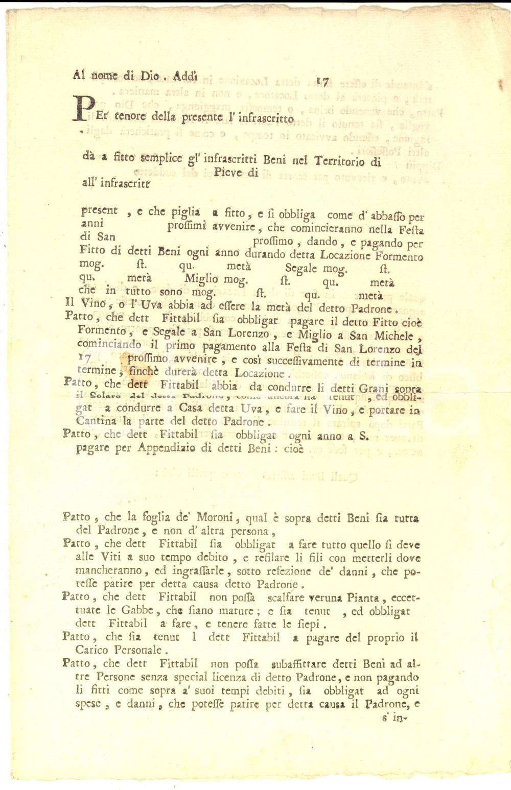 1750 ca DUCATO DI MILANO Contratto di mezzadria - Modulo a stampa NON COMPILATO