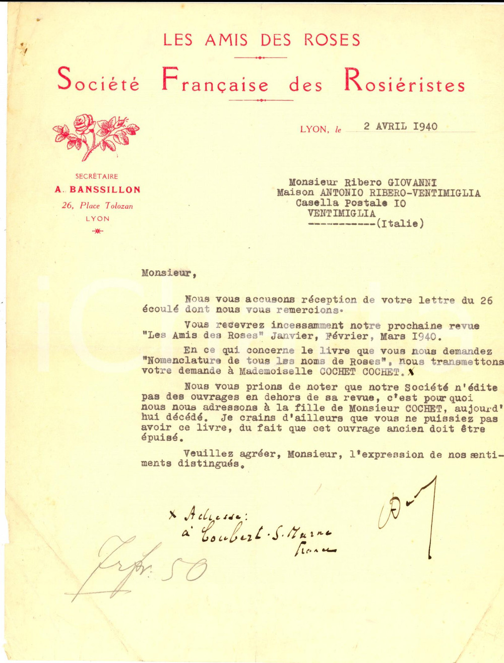 1940 LYON LES AMIS DES ROSES Société Françaisedes Rosiéristes *Lettera per libro