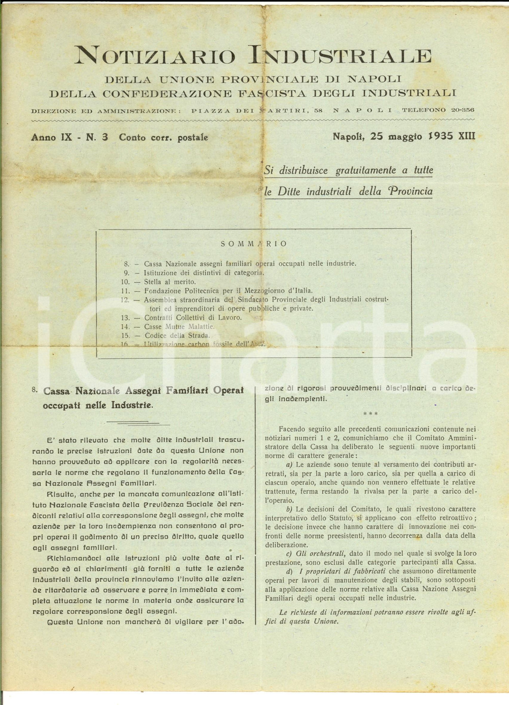 1935 NAPOLI CONFINDUSTRIA Notiziario Industriale - Assegni familiari operai n° 3
