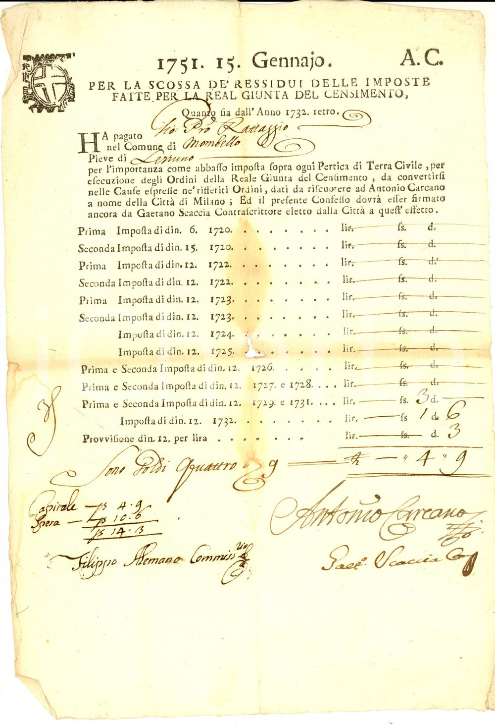 1751 MOMBELLO Real Giunta del Censimento - Versamento Giovanni Pietro RATTAGGI 