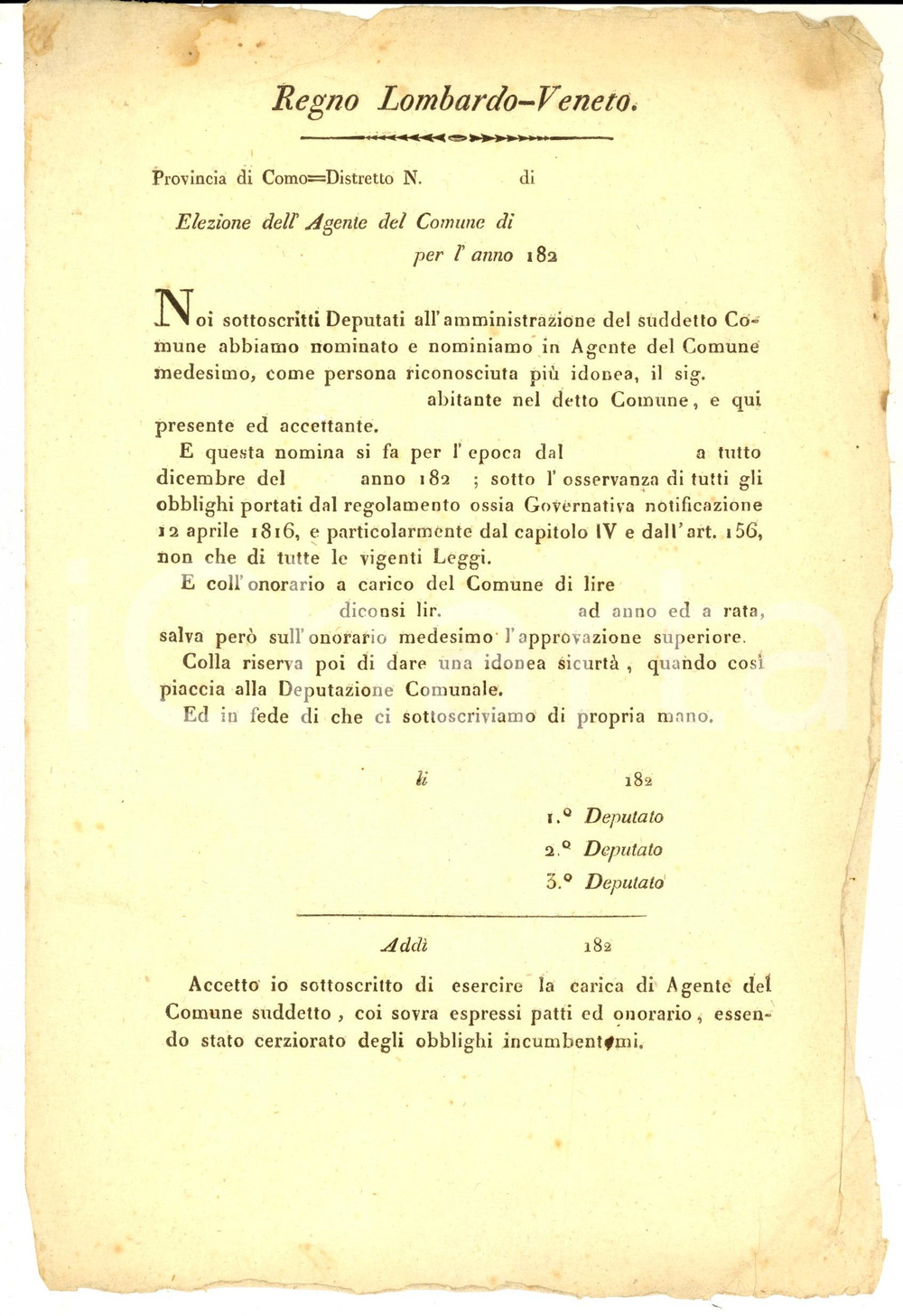 1820 ca REGNO LOMBARDO-VENETO Nomina dell'Agente del Comune *Modulo a stampa