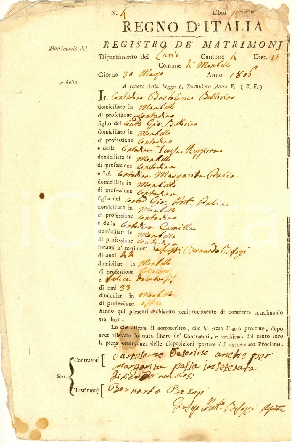 1806 REGNO D'ITALIA MOMBELLO Nozze Bartolomeo BELLOVINO Margherita PAGLIA
