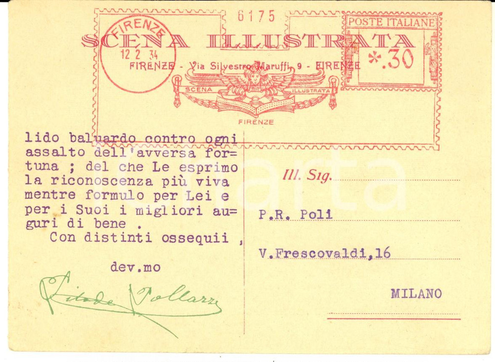 1934 FIRENZE SCENA ILLUSTRATA - Cartolina di ringraziamento agli abbonati FG