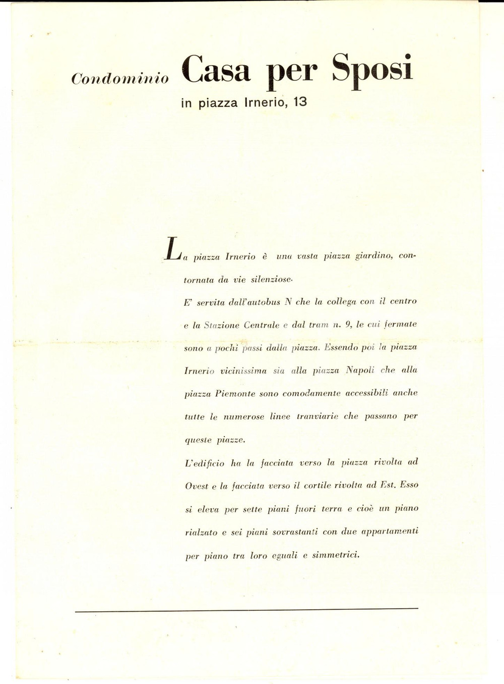 1950 MILANO Piazza IRNERIO 13 Condominio CASA PER SPOSI - Brochure pubblicitaria