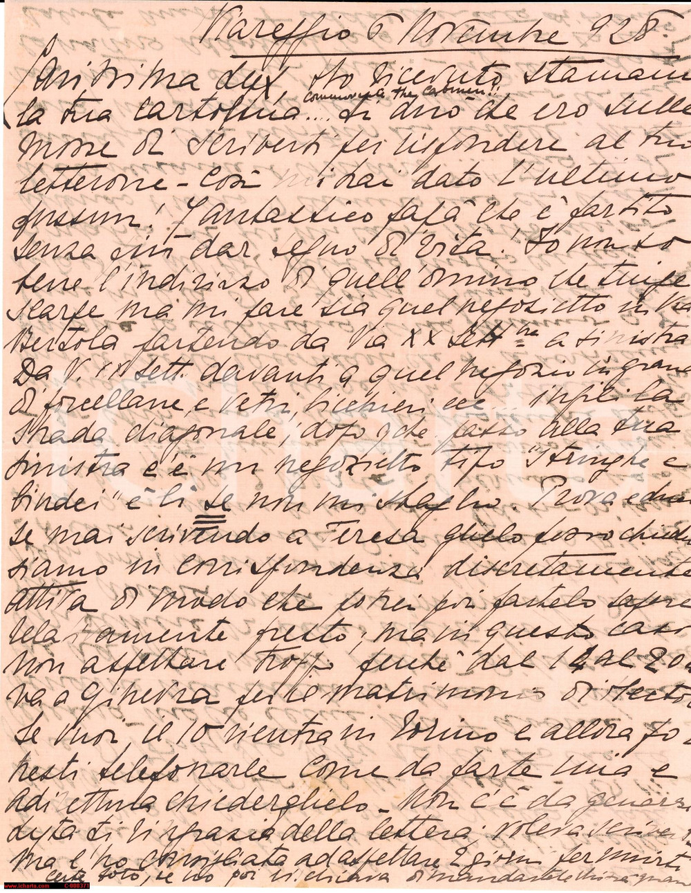 Manoscritto, lettera originale 1928 VIAREGGIO (LU) Mafalda di SAVOIA dona sciarpa rosa a nobildonna 1