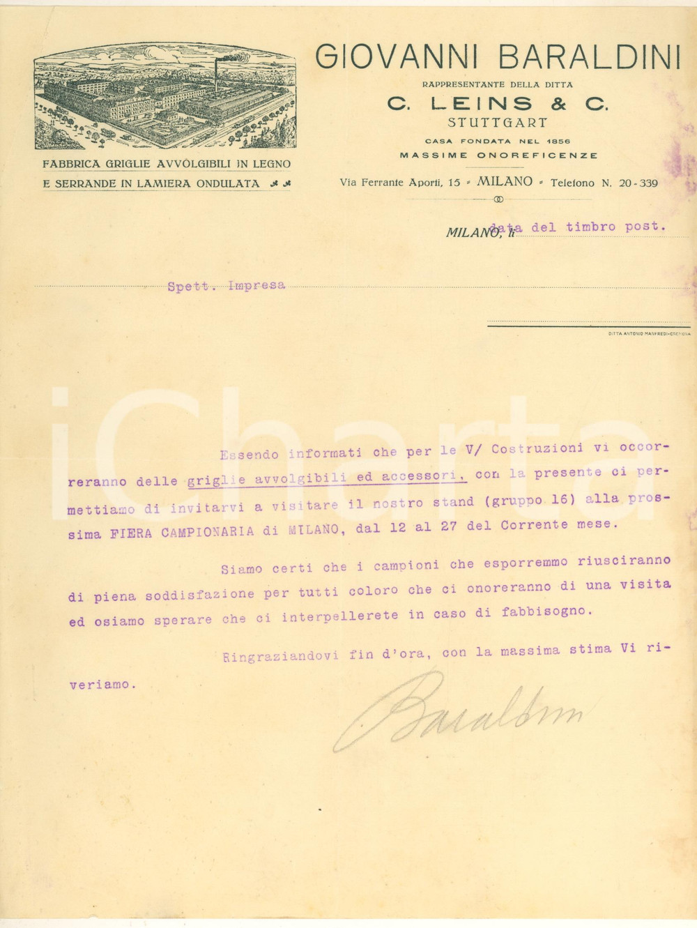 Documento originale, autentico 1920 ca MILANO Giovanni BARALDINI Ditta LEINS Griglie avvolgibili in legno 1