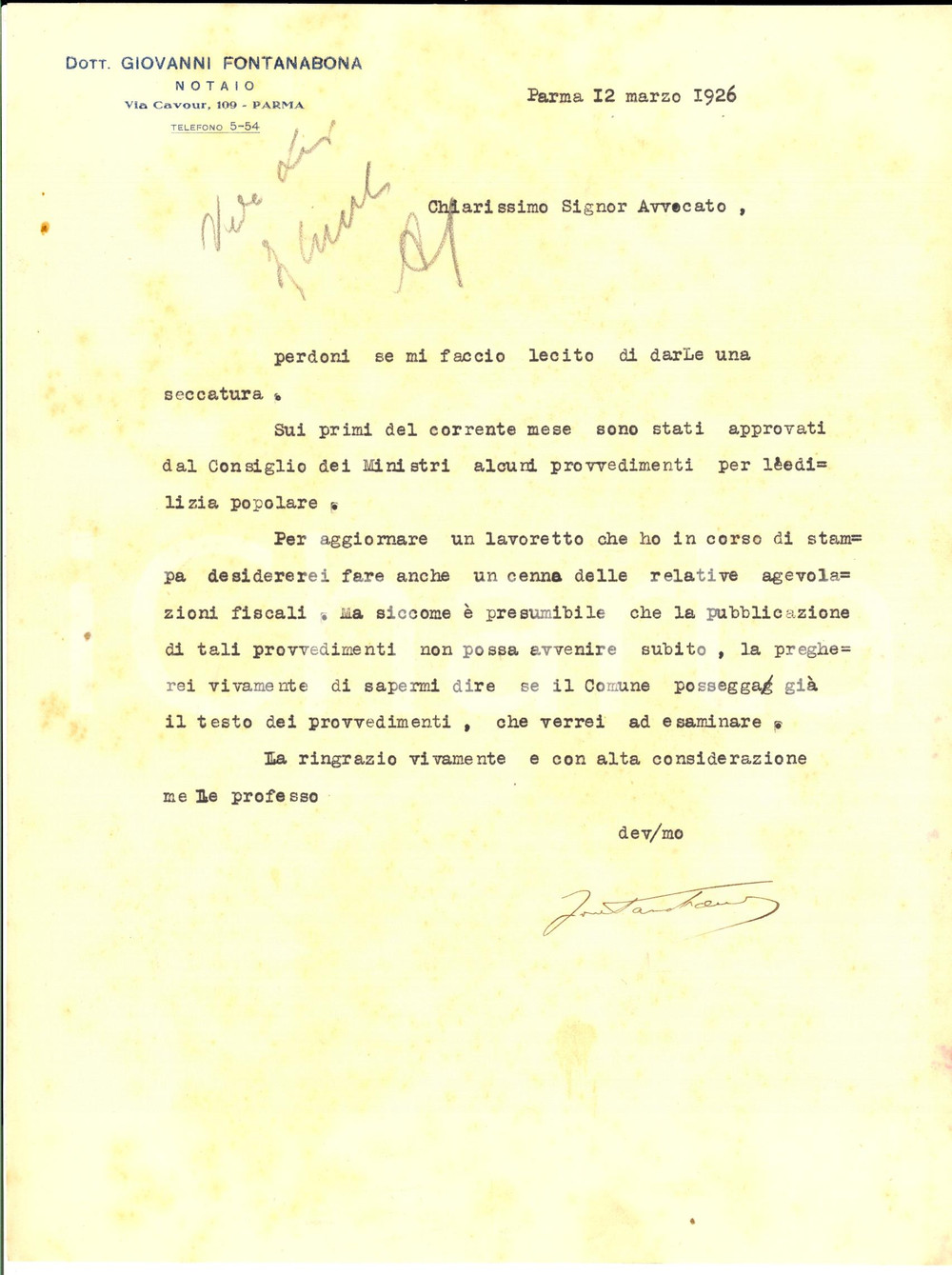 Manoscritto, lettera originale 1926 PARMA Lettera notaio Giovanni FONTANABONA agevolazioni edilizia AUTOGRAFO 1