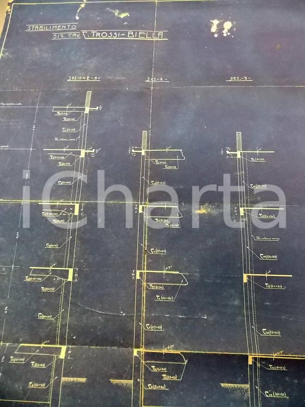 Mappa, planimetria storica 1913 BIELLA Stabilimenti TROSSI Progetto strutture ing. MANTELLI  Tavola 1