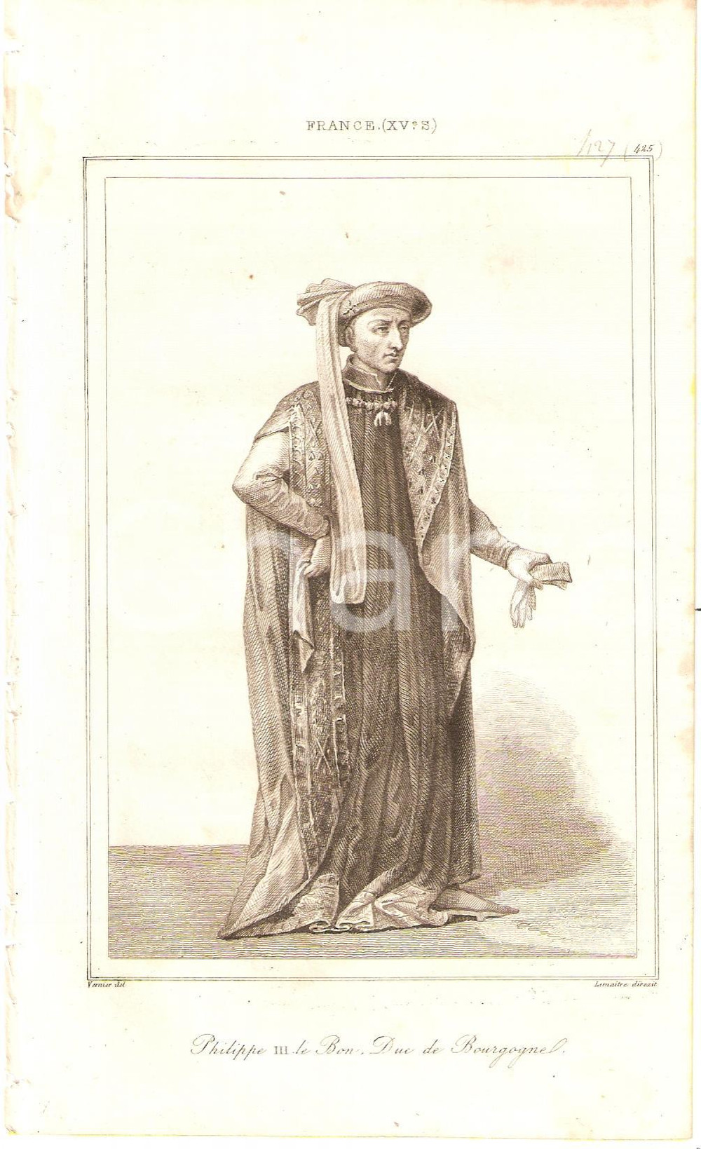 Stampa, bozzetto originale 1840 FRANCE Philippe III Le Bon Duc de BOURGOGNE *Stampa inc. LEMAITRE 1