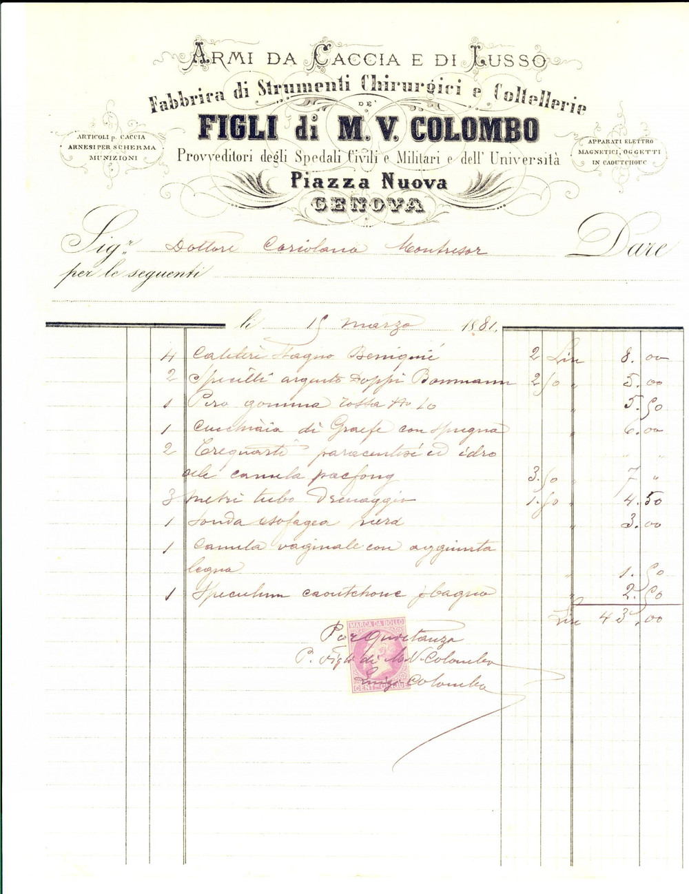 Documento originale, autentico 1881 GENOVA Piazza Nuova Figli di M. V. COLOMBO Armi  da caccia e di lusso 1
